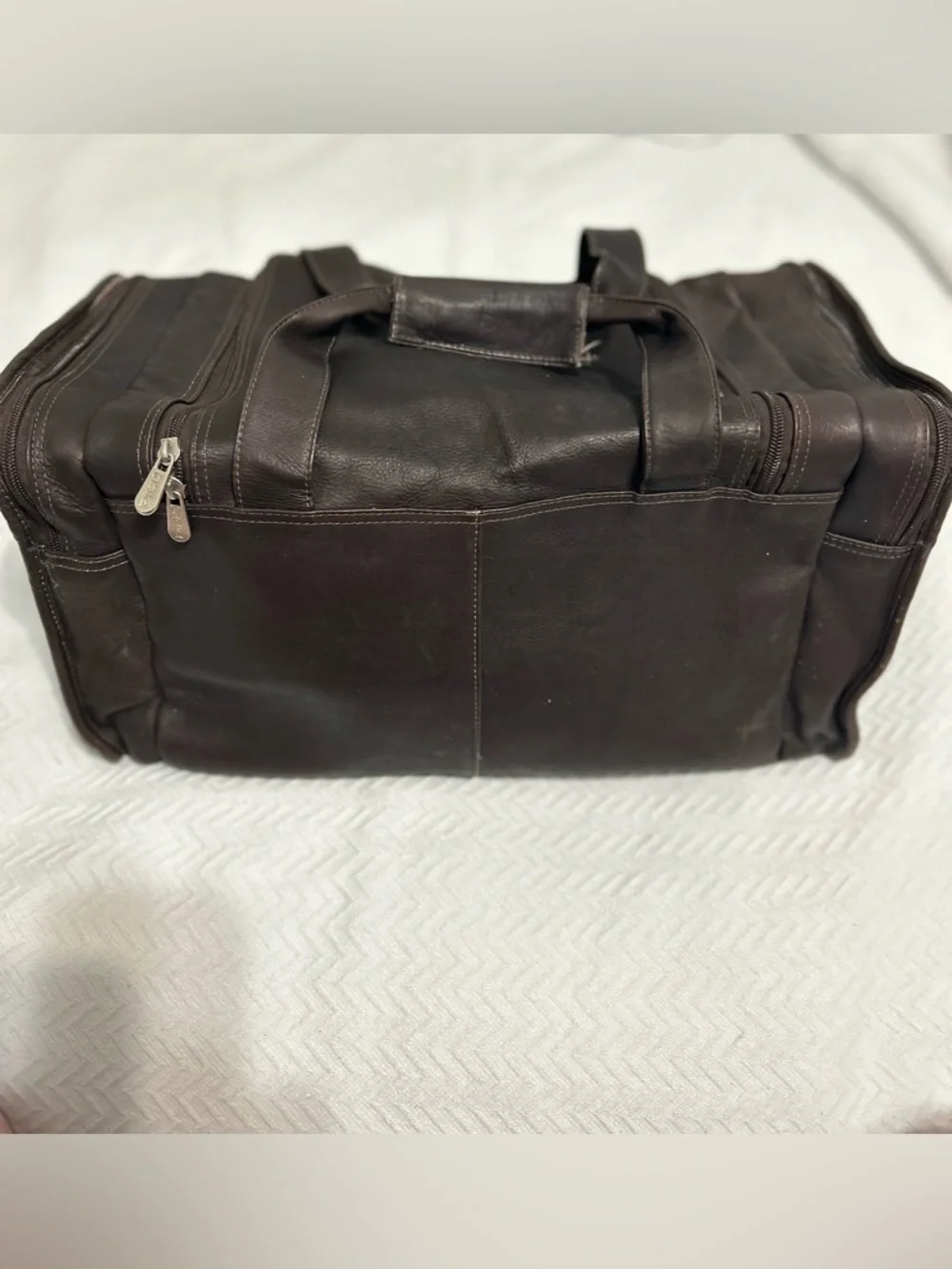 Piel Leather Travel Duffel Bag with Side Pockets Dark Brown Chocolate 19x11x10